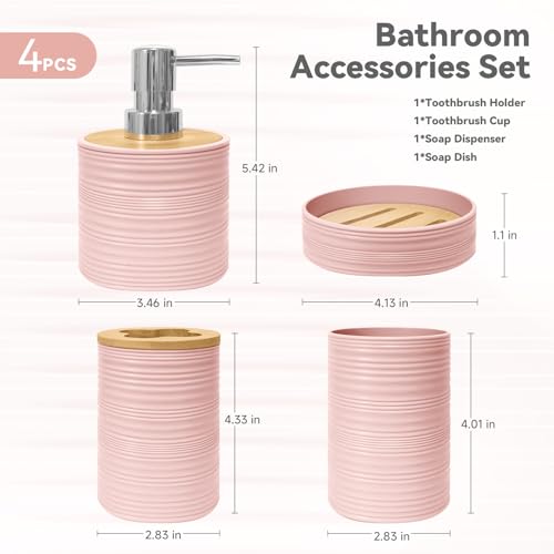 Seeatoo Bathroom Accessories Set 4PCS,Pink Bamboo Bathroom Sets Accessories | Bamboo Bathroom Accessory Set Includes Soap Dish, Soap Dispenser, Toothbrush Holder, Toothbrush Cup, Boho Bath Decor : Home & Kitchen