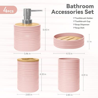 Seeatoo Bathroom Accessories Set 4PCS,Pink Bamboo Bathroom Sets Accessories | Bamboo Bathroom Accessory Set Includes Soap Dish, Soap Dispenser, Toothbrush Holder, Toothbrush Cup, Boho Bath Decor : Home & Kitchen
