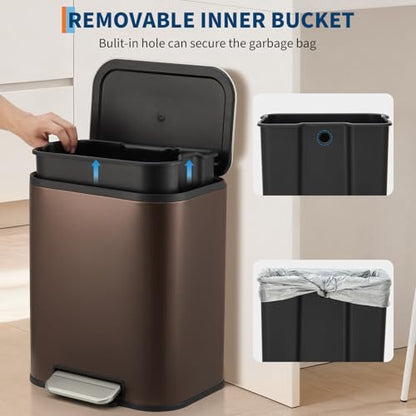 GarveeHome Brown Kitchen Trash Can, 5.3 Gal Stainless Steel Garbage Can | Soft Close Lid, Foot Pedal & Removable Inner Bucket, Rectangular Step On Waste Bin for Office Bedroom - color: Brown, size: 20 L