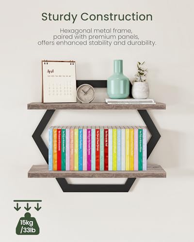 Hexagon Floating Shelves for Wall, Set of 2, 2 -Tier Hanging Shelves, Wall Mounted Storage Shelves, for Living Room, Bedroom, Kitchen, Home Office, Study, Greige TBJ06P2BG - color: Greige + Black
