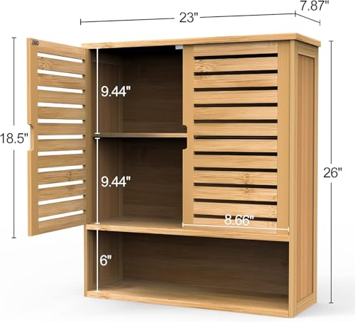 Bamboo Bathroom Cabinet,Bathroom Wall Cabinet with 2 Doors & 3 Tier Shelves | Medicine Cabinet,Over the Toilet Storage Cabinet,Bamboo Wall Storage Cabinet for Laundry Room & Living Room Kitchen