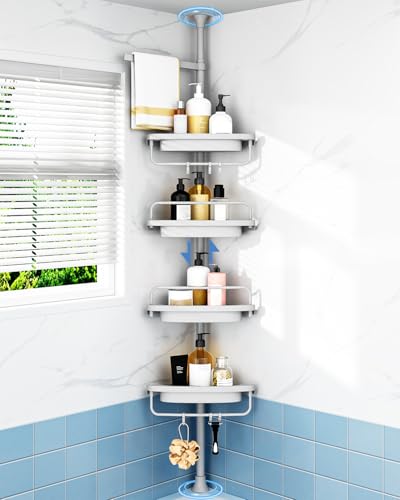 ALLZONE Corner Shower Caddy Tension Pole, Extendable Rustproof Stainless Steel Pole & 4-Tier Adjustable Shelves for Easy Drainage and Built-to-Last Stability, 34 to 116 Inches, Grey - color: Grey