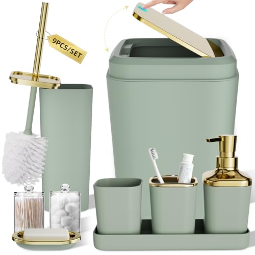 XLHOMO Bathroom Set, Bathroom Accessory Set, Sage Green Bathroom Accessories Set with Press-on Lid Bathroom Trash Can, Soap Dispenser, 9PC Bathroom Accessory Set for Home - color: Sage Green and Gold, size: Press-lid Bathroom Set