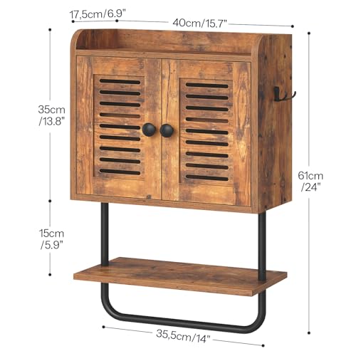 HOOBRO Bathroom Wall Cabinet, Double Doors Medicine Cabinet with Towel Bar, Adjustable Shelf, 2 Hooks, Over The Toilet Storage Cabinet, for Bedroom, Kitchen, Rustic Brown BF46CW01 - color: Rustic Brown + Black