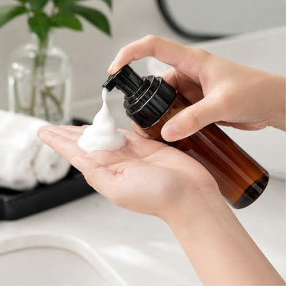 5 Packs 120ml (4oz) Amber Plastic Foam Pump Bottles with Black Foaming Dispenser Refillable Travel Mousse Bottles with Clear Black Caps for Facial Cleanser, Soap, Shampoo, Skincare