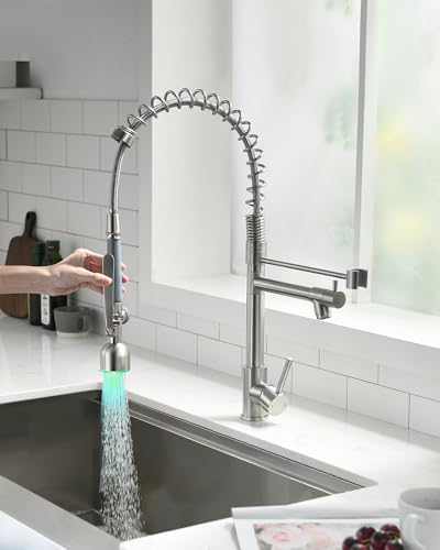 Fapully Commercial Pull Down Sprayer Brushed Nickel Kitchen Faucet | Single Handle Kitchen Sink Faucet with LED Light - color: Brushed Nickel, style: Modern