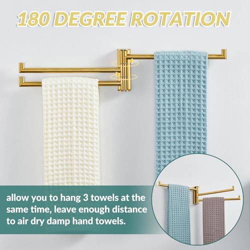 Brushed Gold Swivel Towel Rack with 3 Rotating Arms, Wall Mounted | 304 Stainless Steel, Rust-resistant for Bathroom, Kitchen, 180° Rotatable & Foldable Towel Holder, Space-saving Wall Mounted - color: Brushed Gold