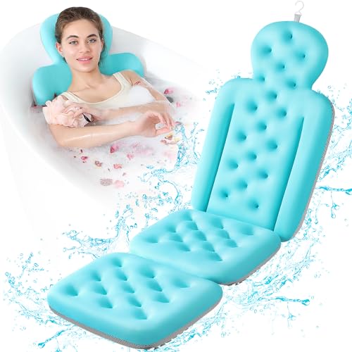 Luxury Bath Cushion, Full Body Bathtub Pillow with 160 Suction Cups, Bath Mat for Head and Neck Support, with Laundry Bag (Blue, 51" x 16") - color: Blue, size: 51" X 16"
