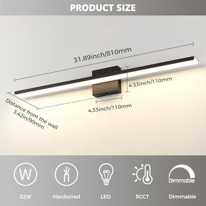 JUSHENG Black Vanity Lights Fixtures LED for Bathroom 5CCT Dimmable LED Bar | 5CCT Dimmable Bathroom Vanity Light Fixtures LED Vanity Light Bar 31.5'' Inch 32W ETL Certificated - color: Black-5CCT, size: 31.5'' Long-Dimmable