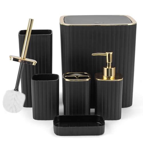 6PCS Bathroom Accessories Set,Black and Gold Bathroom Set for Modern Homes | Minimalist Black Bathroom Decor, Includes Toilet Brush, Trash Can, Soap Dispensers and Toothbrush Holder, Soap Dish, Cup - color: Black, size: 6Pcs