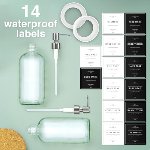Vine Creations Clear Glass Soap Dispenser, 2 Pack Kitchen Soap Dispenser Set with Stainless Steel Pump, 16 oz Hand Soap or Dish Soap for Bathroom or Kitchen with Waterproof Labels - color: Clear Bottle / Silver Pump
