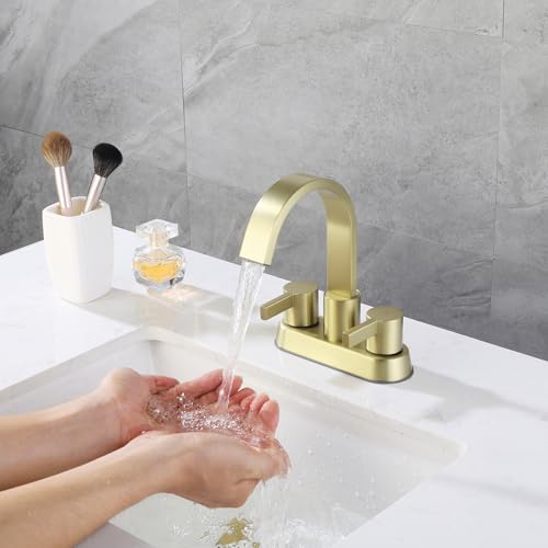 Gold Bathroom Faucet Centerset, 4 Inch Bathroom Sink Faucet 3 Hole | Waterfall Spout, 360 Degree Swivel, with Overflow Pop up Drain, Brushed Gold Bathroom Faucet - color: Brushed Gold