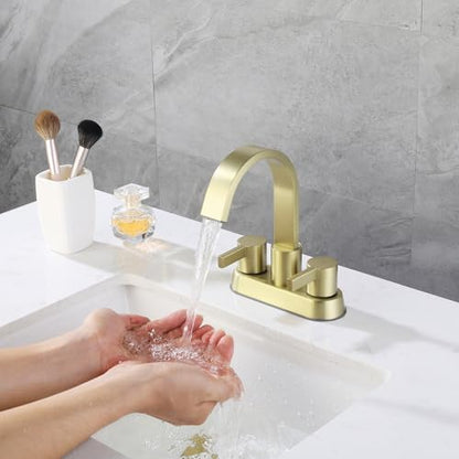 Gold Bathroom Faucet Centerset, 4 Inch Bathroom Sink Faucet 3 Hole | Waterfall Spout, 360 Degree Swivel, with Overflow Pop up Drain, Brushed Gold Bathroom Faucet - color: Brushed Gold