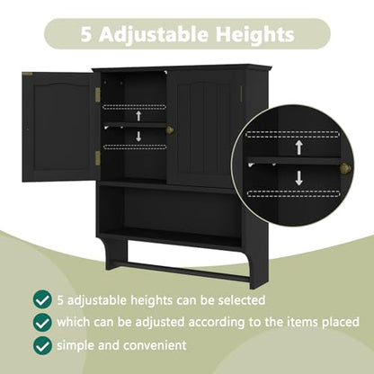 Smuxee Black Bathroom Cabinet Wall Mounted with Towels Bar, Medicine Cabinet with 2 Door Adjustable Shelves, Over Toilet Cabinet for Bathroom Laundry Room Kitchen - color: Black Big With Towels Bar