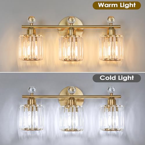 3-Light Gold Bathroom Light Fixtures | Modern K9 Crystal Vanity Lights, Wall Sconce, Stainless Steel Base, Elegant Bathroom & Bedroom Lighting - color: Gold, size: Round-3-Light