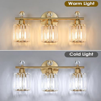 3-Light Gold Bathroom Light Fixtures | Modern K9 Crystal Vanity Lights, Wall Sconce, Stainless Steel Base, Elegant Bathroom & Bedroom Lighting - color: Gold, size: Round-3-Light