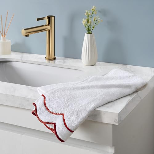 Peri Home 100% Cotton Hand Towel for Bathroom, Embroidered, Soft & Absorbent, 500 GSM, 1 Piece, 16" x 27", White with Red Scallop - color: White With Chili Red Scallop, size: 1 Hand Towel