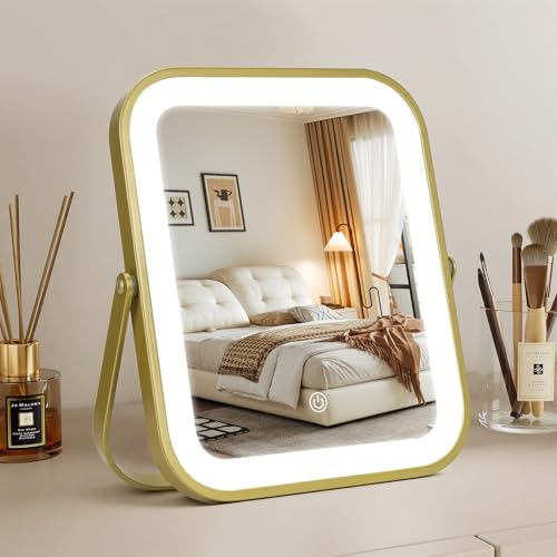Rechargeable Vanity Mirror with Lights, 10"×8" Makeup Mirror with Lights, 1500mAH Battery, Smart Touch with 3-Color Lighting, Dimmable, HD Desk Mirror, Travel Essentials, Women Gift (Gold) - color: Gold, size: 10"L x 8"W
