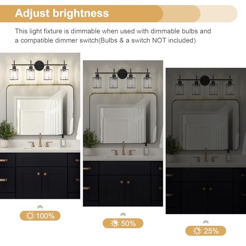 Black Bathroom Light Fixtures, Square, 4-Light | Vanity Lights with Crystal Shades, Modern Bathroom Lighting Fixtures over Mirror (Bulbs Not Included, E26) - color: Black (Square), size: 4-Light
