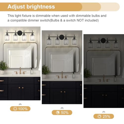 Black Bathroom Light Fixtures, Square, 4-Light | Vanity Lights with Crystal Shades, Modern Bathroom Lighting Fixtures over Mirror (Bulbs Not Included, E26) - color: Black (Square), size: 4-Light