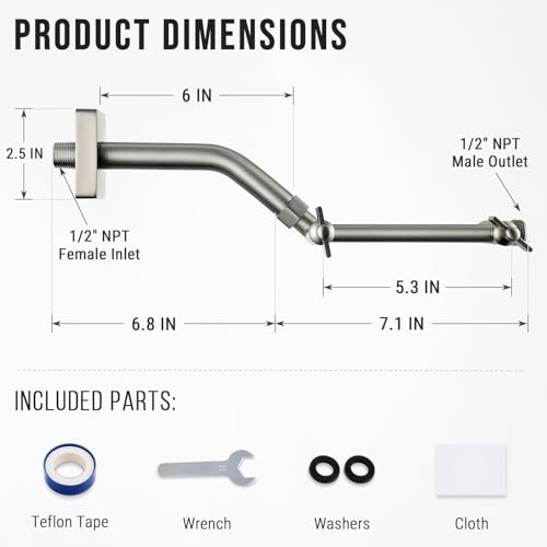 G-Promise 6 Inch Shower Extender with 6 Inch Arm and Flange(Brushed Nickel) | Solid Brass Construction, Height and Angle Adjustable, Standard Connection Thread, All Installation Tools Included - color: Brushed Nickel, style: 6 Inch