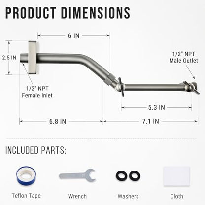 G-Promise 6 Inch Shower Extender with 6 Inch Arm and Flange(Brushed Nickel) | Solid Brass Construction, Height and Angle Adjustable, Standard Connection Thread, All Installation Tools Included - color: Brushed Nickel, style: 6 Inch