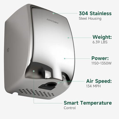 anydry Compact Hand Dryer for Bathrooms, Polished Stainless Steel Finish | Ideal for Commercial or Home Use, High-Speed Airflow, Fast Drying, AC 100–130 V~, Smart Warm Wind, Easy Hardware Wiring - color: Polished Stainless Steel