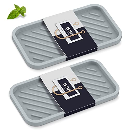 Kitchen Sink Organizer Tray,Sponge Holder for Kitchen Sink Bathroom（Grey） | Counter Tray Sponge Caddy Silicone Soap Holder for Soap Dispenser, Bottle, Dishwashing Accessories(2-Pack) - color: Grgr, size: 10×5.2inch