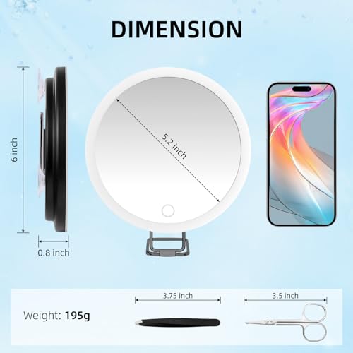 10X Magnifying Mirror with Lights, 6inch Makeup Magnified Mirror 10x Lighted Travel Magnification with 3 Suction Cups and 360° Adjustable Bracket - Includes Tweezers & Scissors - color: Black-10x