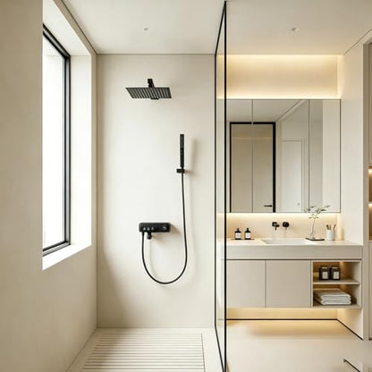 Rainfall Showerhead and Handle Set, 10" Bathroom Shower System, 3 Functions Wall Mounted Shower Faucet Complete Combo Solid Brass with Foldable Tub Spout Modern Bathtub Faucet Shower Trim Kit - color: Matte Black