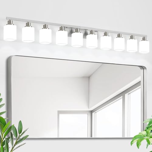 10-Light Bathroom Vanity Light Brushed Nickel,64.5in Vanity Lights with Square Frosted Glass,Modern Bathroom Wall Lights Fixtures Over Mirror,Wall Sconces Lighting for Bedroom Living Room,E26 - color: Nickel, size: 10-Light