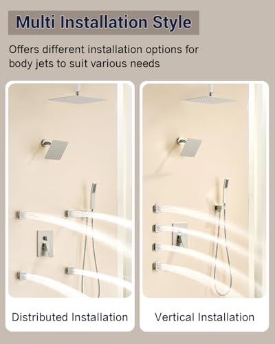 Dual Rainfall Shower Head System with 4 Body Jets, JetsBath Shower Faucet Set Double Shower Head 6-Inch Shower Head & 12” Rain Shower, Luxury Brushed Nickel Shower Faucet Set Tandem Shower Head System - color: Brushed Nickel