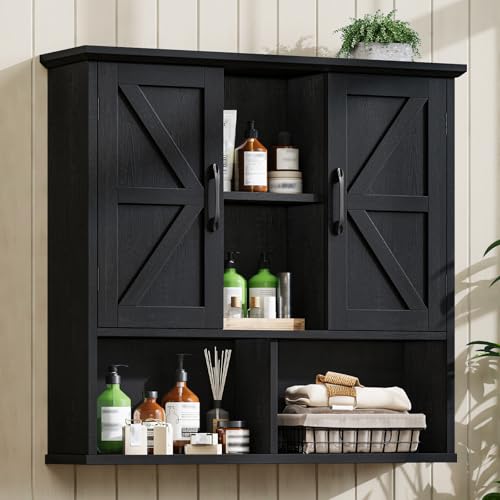 Vabches Bathroom Wall Cabinet, Farmhouse Medicine Cabinet with Double Barn Door and Adjustable Shelves, Wooden Vintage Storage Cabinet Wall Mounted for Bathroom, Kitchen Dining, Rustic Black - color: Rustic Black, style: Barn Doors