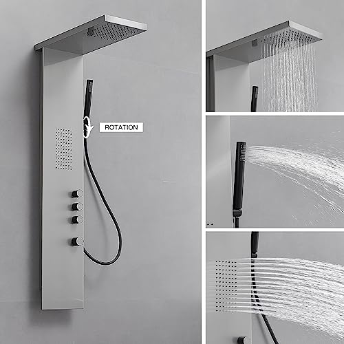 BWE Stainless Steel Shower Panel Tower System 3 IN 1 Brushed Nickel | Shower Panel - Rainfall Shower Head and Handheld with Massage Body Jets - Wall Mount - color: Brushed Nickel