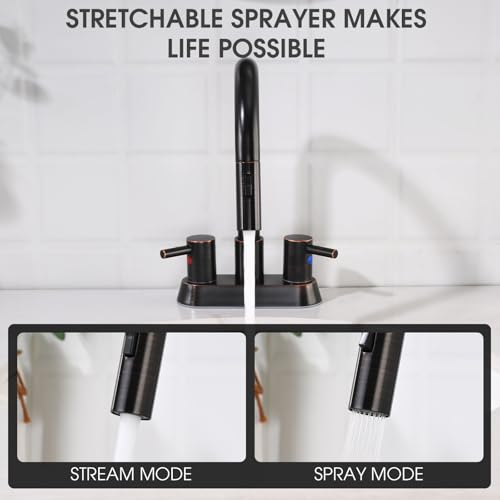 Oil Rubbed Bronze Bathroom Faucet with Pull Out Sprayer, Dual-Function Spout Bronze Bathroom Sink Faucets, 4 Inch Two Handle Utility Sink Faucet with Sprayer 3 Hole, Easy Pet Shower, RVs - color: Oil Rubbed Bronze