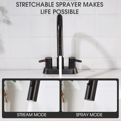 Oil Rubbed Bronze Bathroom Faucet with Pull Out Sprayer, Dual-Function Spout Bronze Bathroom Sink Faucets, 4 Inch Two Handle Utility Sink Faucet with Sprayer 3 Hole, Easy Pet Shower, RVs - color: Oil Rubbed Bronze