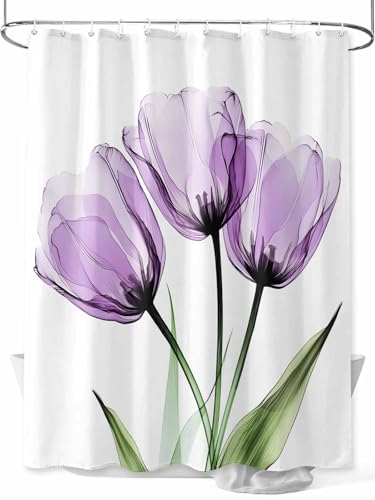 Waterproof Fabric Shower Curtain Purple Tulip Abstract Flower Shower Curtains for Bathroom, Quick-Drying, Machine Washable 72x72 Inch - color: Purple Green, size: 72"W x 72"L (Pack of 1)