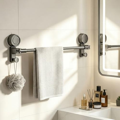 Adjustable Suction Cup Towel Bar, Grey, 20-34", 1-Tier | Extendable Carbon Steel Towel Racks, Space Saving, Bath Towel Holder with Hooks, No-Drill Mounted, For Bathroom Wall
