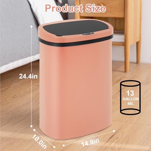 FDW Garbage Can 13 Gallon 50 Liter Kitchen Trash Can for Bathroom Bedroom Home Office Automatic Touch Free High-Capacity with Lid Waste Bin - color: Pink, style: Plastics