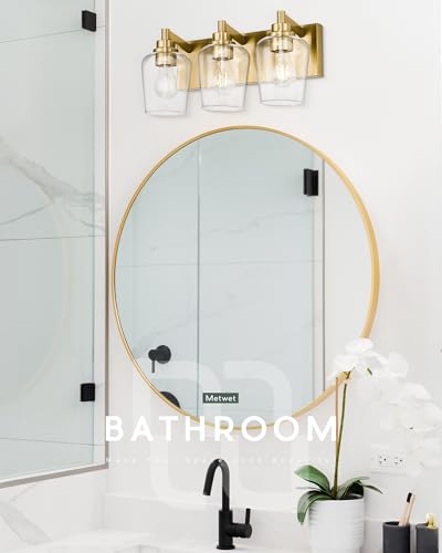 3-Light Brushed Gold Bathroom Vanity Light, Wine Clear Glass Shades | 17" modern bathroom light fixtures over mirror, E26 base, bulbs not included, VL155-BG-3 - color: Brushed Gold, Wine Glass Shade, size: 3-light