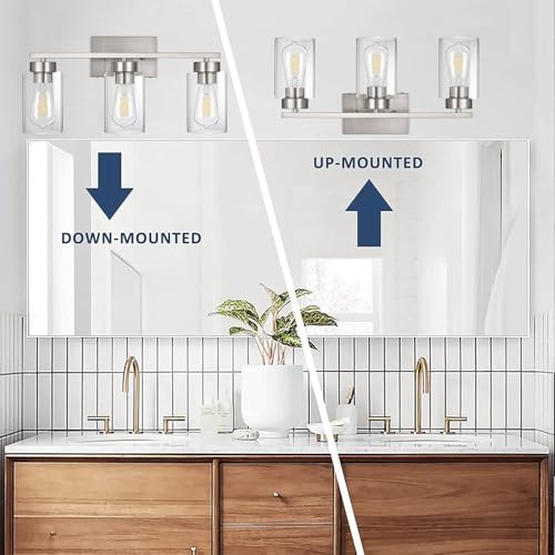 3-Light Bathroom Vanity Light, Modern Brushed Nickel Wall Lights with Clear Glass Shades, Bathroom Wall Sconce Lamp for Mirror Living Room Bedroom Hallway - color: 3 Light Nickel-Small