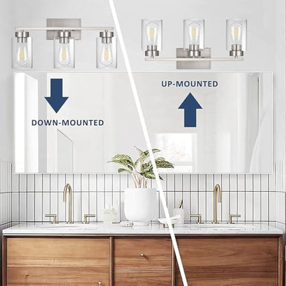 3-Light Bathroom Vanity Light, Modern Brushed Nickel Wall Lights with Clear Glass Shades, Bathroom Wall Sconce Lamp for Mirror Living Room Bedroom Hallway - color: 3 Light Nickel-Small