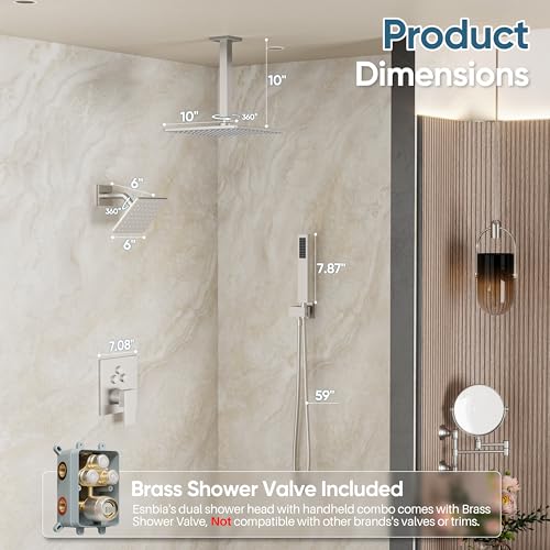 Nickel Shower System, Brushed Nickel Shower Faucet Set, 10'' Ceiling Shower Head, 6'' Wall Mounted Shower Head, 3 In 1 Push Button Shower Valve Kit, Waterfall ShowerHead with Handheld, Brushed Nickel - color: Brushed Nickel