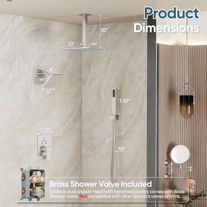 Nickel Shower System, Brushed Nickel Shower Faucet Set, 10'' Ceiling Shower Head, 6'' Wall Mounted Shower Head, 3 In 1 Push Button Shower Valve Kit, Waterfall ShowerHead with Handheld, Brushed Nickel - color: Brushed Nickel