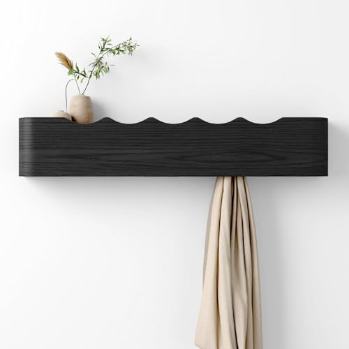Coat Rack Wall Mount with Hidden Hooks, Wall Hooks with Shelf, Wall Key Holder Mount Wooden Shelf Entryway Hooks for Bedroom Bathroom for Hanging Coats Hats Bags Towels (Black Wave-Shape, 5 Hooks) - color: Black Wave-Shape, size: 5 Hooks