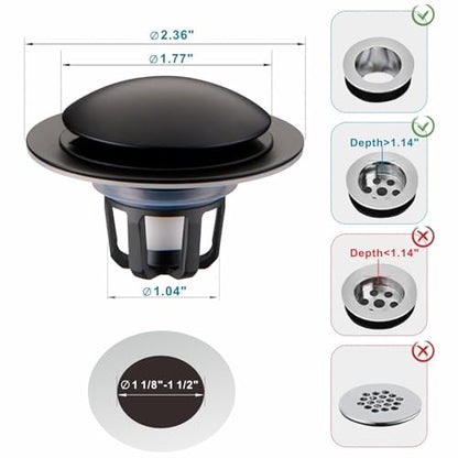 WELSAN Matte Black Pop Up Sink Stoppers for Bathroom Sink 1 1/8"-1 1/2" | Bathroom Sink Stopper Replacement, Universal Pop-Up Drain Stopper Plug Strainer with Hair Catcher, Anti-Clogging Design - color: Matte Black