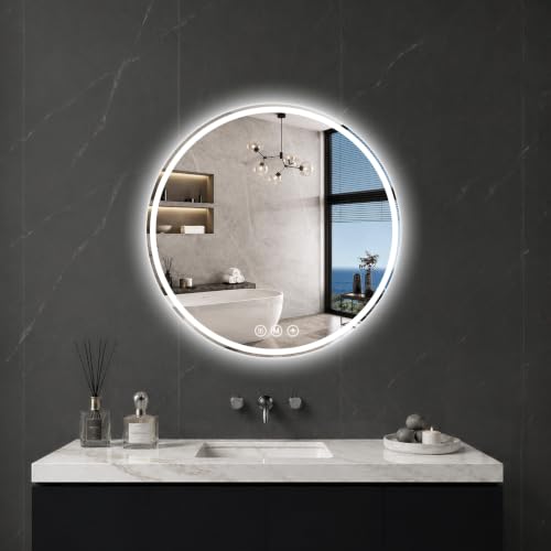 Round LED Bathroom Mirror, 20 Inch, HD Shatterproof Tempered Glass | Lighted Bathroom Mirror with Dimmable Lights Bathroom Mirror with Lights for Wall, 3 Color Temperatures - size: 20"L x 20"W