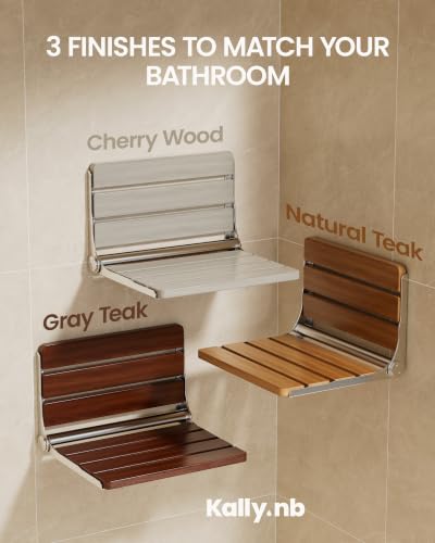 Folding Shower Seat Wall Mounted, Real Wood Shower Chair for Inside Shower | Shower bench folds to a 1.81 in profile for small spaces, 304 stainless steel frame supports 400 lb. Cherry Wood finish.