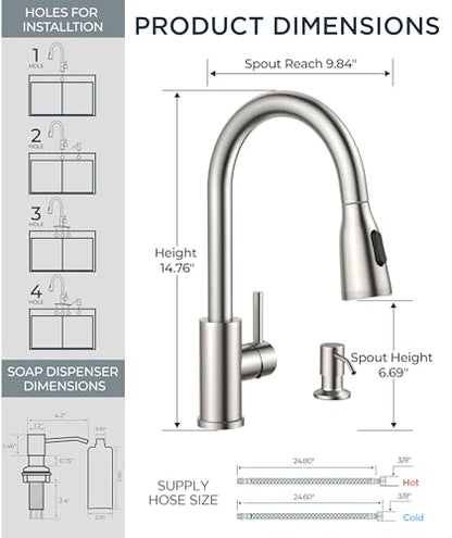 FORIOUS LED Kitchen Faucet with Soap Dispenser, Pull Down Sprayer, Brushed | Stainless Steel Single Handle, Transitional Bar Sink Faucet with LED Light Sprayer, Suitable for Outdoor Rv Laundry Camper - color: Stainless Steel, style: Transitional