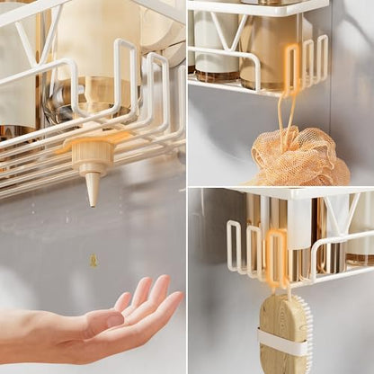 KEGII Suction Cup Shower Caddy with 6 Hooks, Heavy Duty Bathroom Organizer | Large Capacity Storage Rack, Rustproof Stainless Steel, for Shampoo and Body Wash on Smooth Surfaces, Off-White - color: Off-White